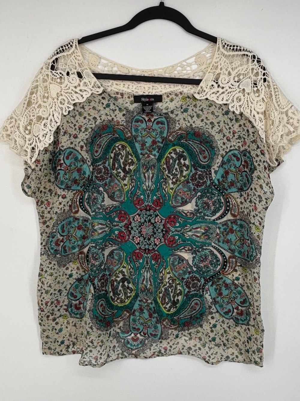 Style & Co Womens Medium Pullover Sheer Blouse with Crochet Shoulders Boho Print